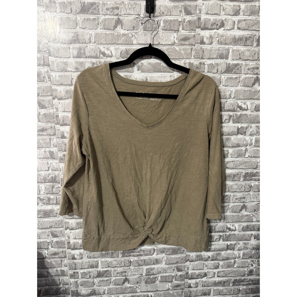 Pact Organic Cotton V-Neck Twist Front Top Olive Green 3/4 Sleeve Large